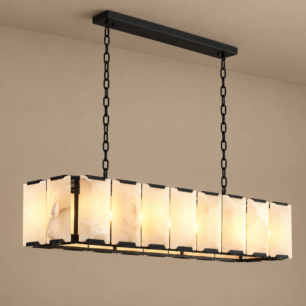 Linear Collection | Alabaster Chandelier with Hand-Cut Spanish Alabaster Panels | Rectangular Frame Lighting for Kitchen Island and Dining Table 2