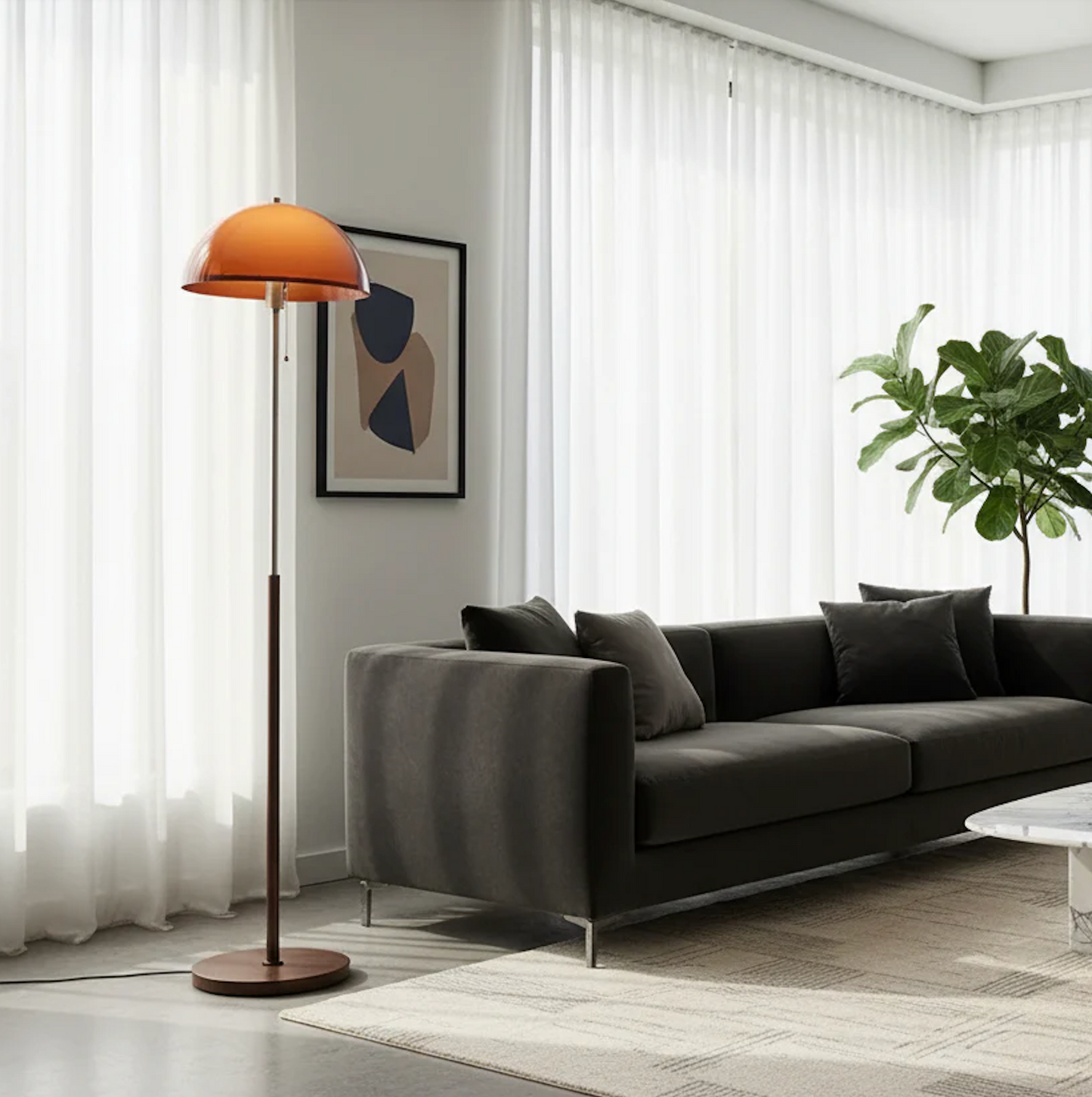 Modern Floor Lamp with Amber Acrylic Dome | Stylish Standing Lamp for Cozy Living Room Ambiance 1