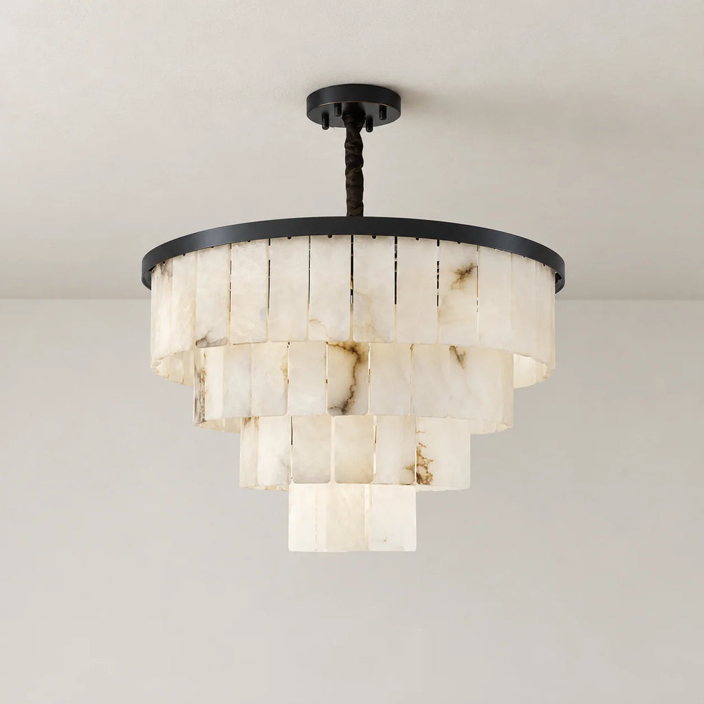 Tiered Alabaster Chandelier with Black Stainless Steel Frame | Hand-Cut Spanish Alabaster for Ambient Lighting 1