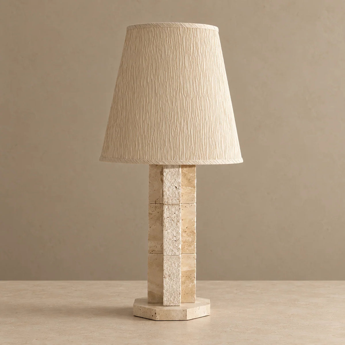 Travertine Block Table Lamp with Textured Fabric Shade | Geometric Stone Column Design for Ambient Lighting 0