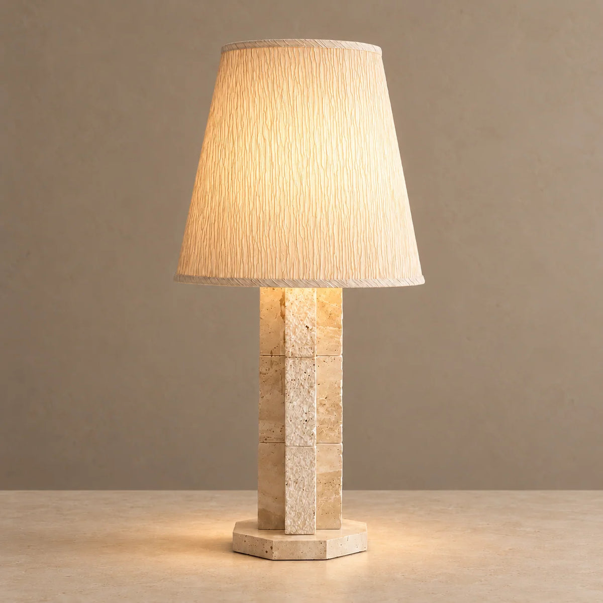 Travertine Block Table Lamp with Textured Fabric Shade | Geometric Stone Column Design for Ambient Lighting 1