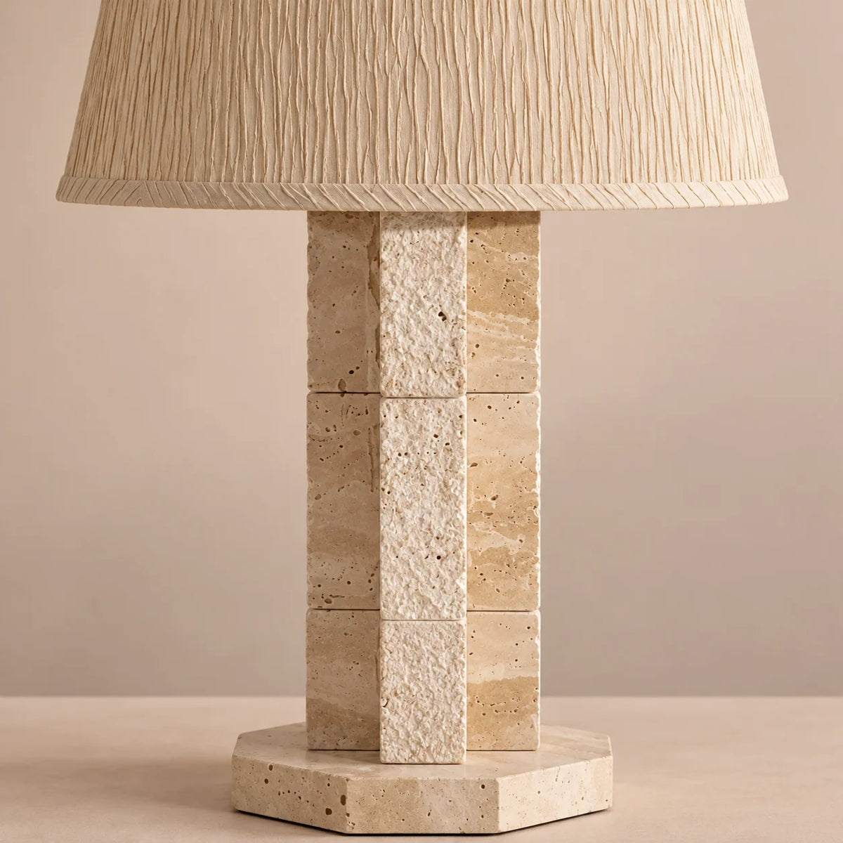 Travertine Block Table Lamp with Textured Fabric Shade | Geometric Stone Column Design for Ambient Lighting 2