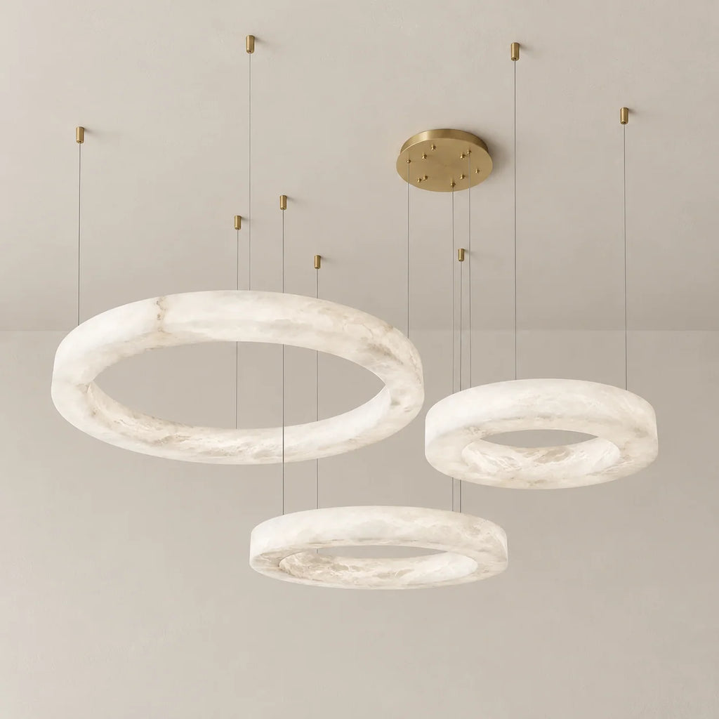 Triplo Collection | Round Alabaster Chandelier with Integrated Warm LED Lighting | Adjustable Suspension for Ambient Home Lighting 0