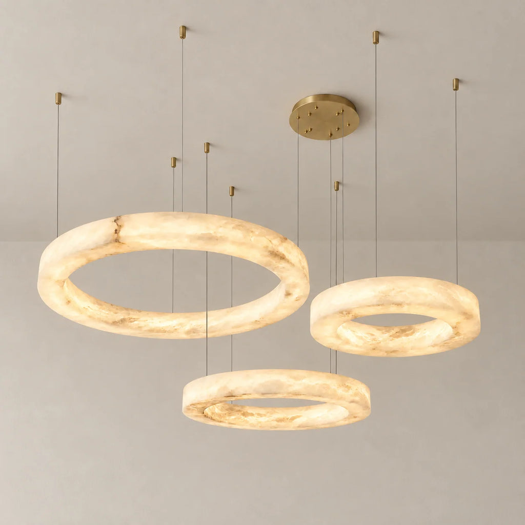 Triplo Collection | Round Alabaster Chandelier with Integrated Warm LED Lighting | Adjustable Suspension for Ambient Home Lighting 1