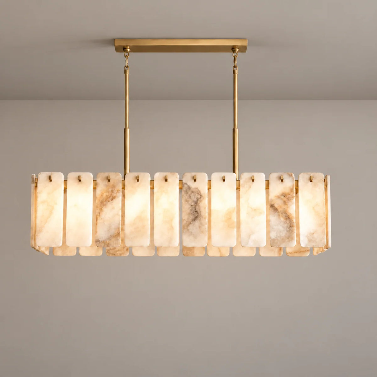 Voltesio Collection | Linear Alabaster Chandelier with Brass Beam | Hand-Carved Panels for Elegant Lighting 1