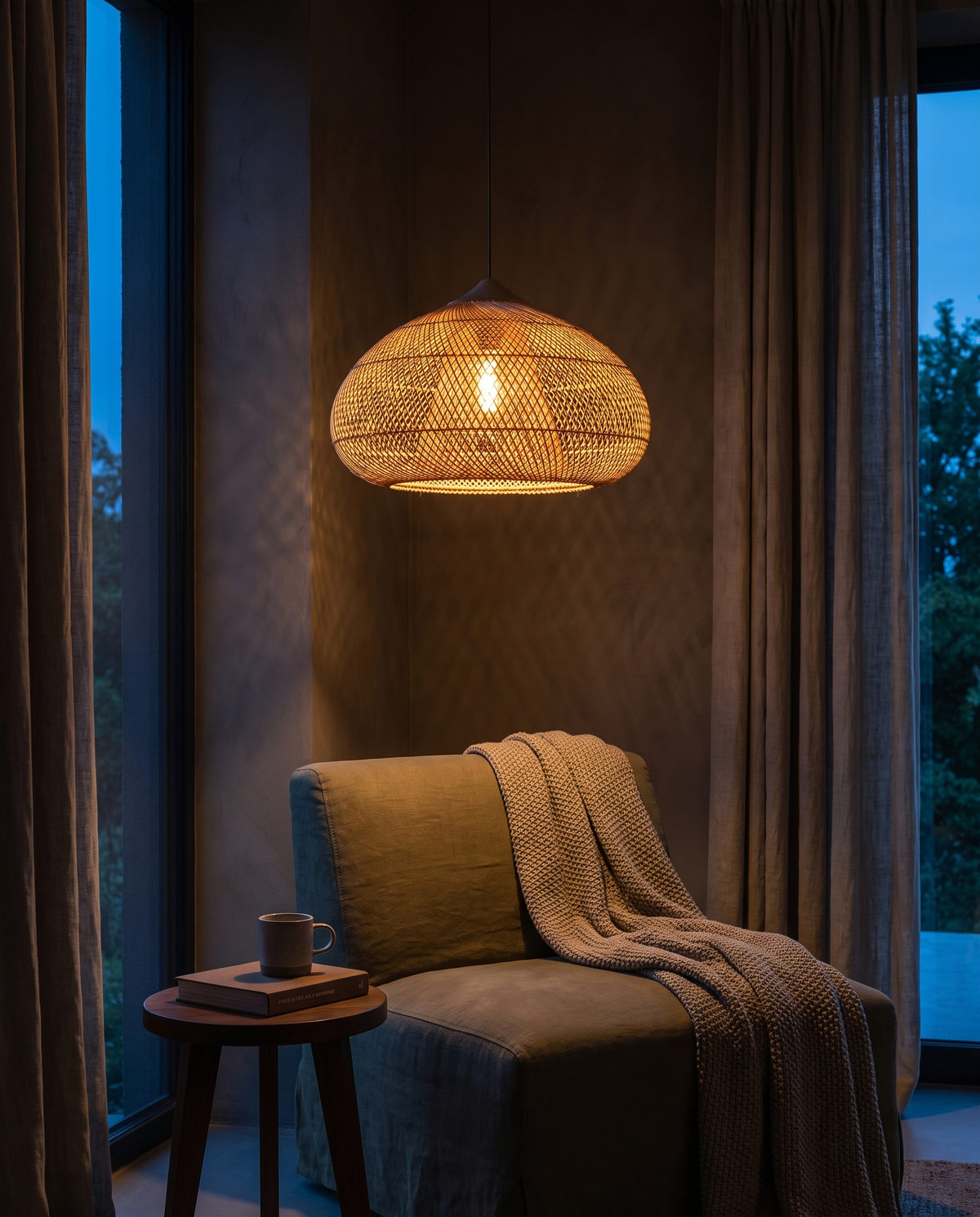 Artisan Rattan Pendant Light - moody reading nook dusk