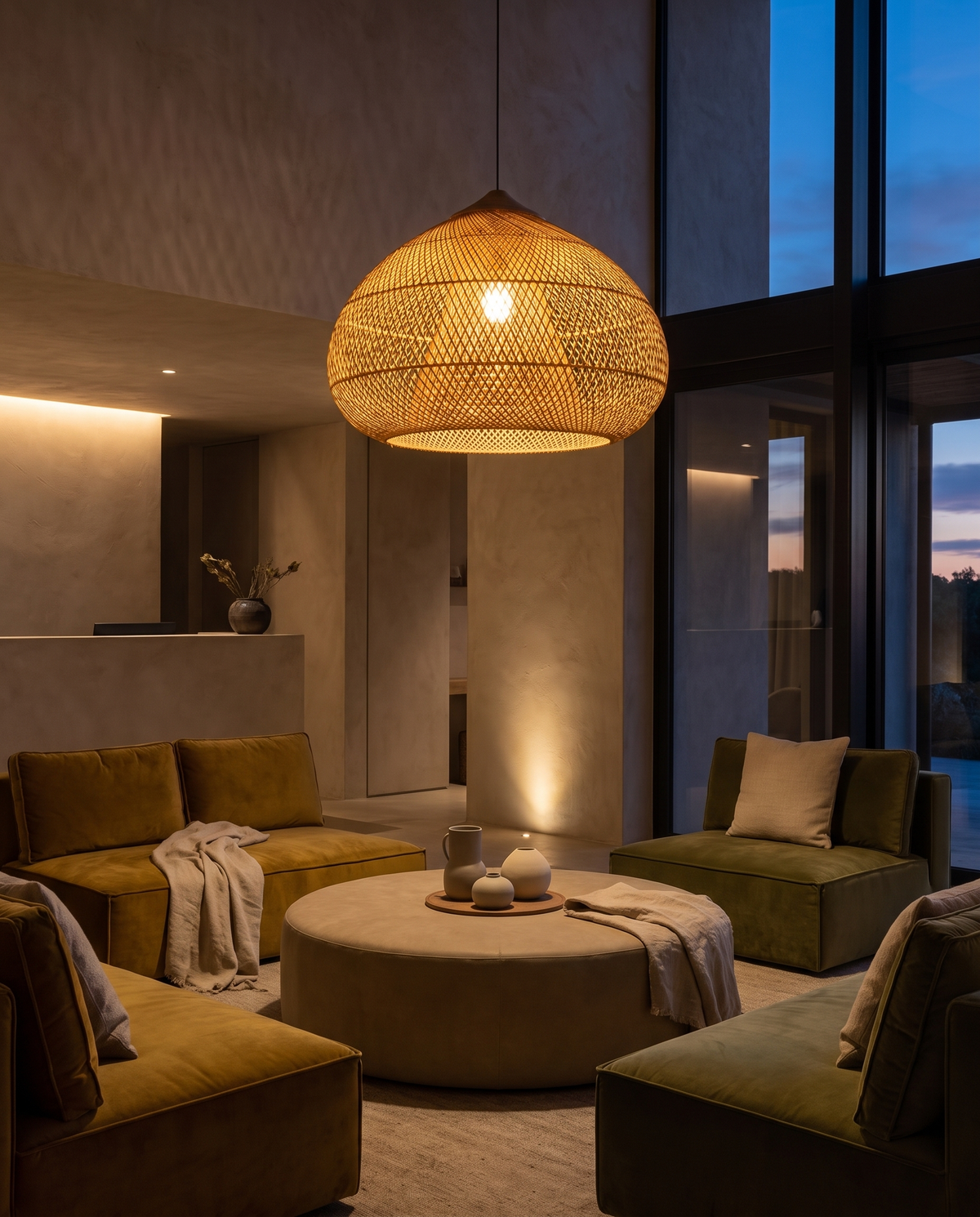 Artisan Rattan Pendant Light - moody hotel lobby dusk