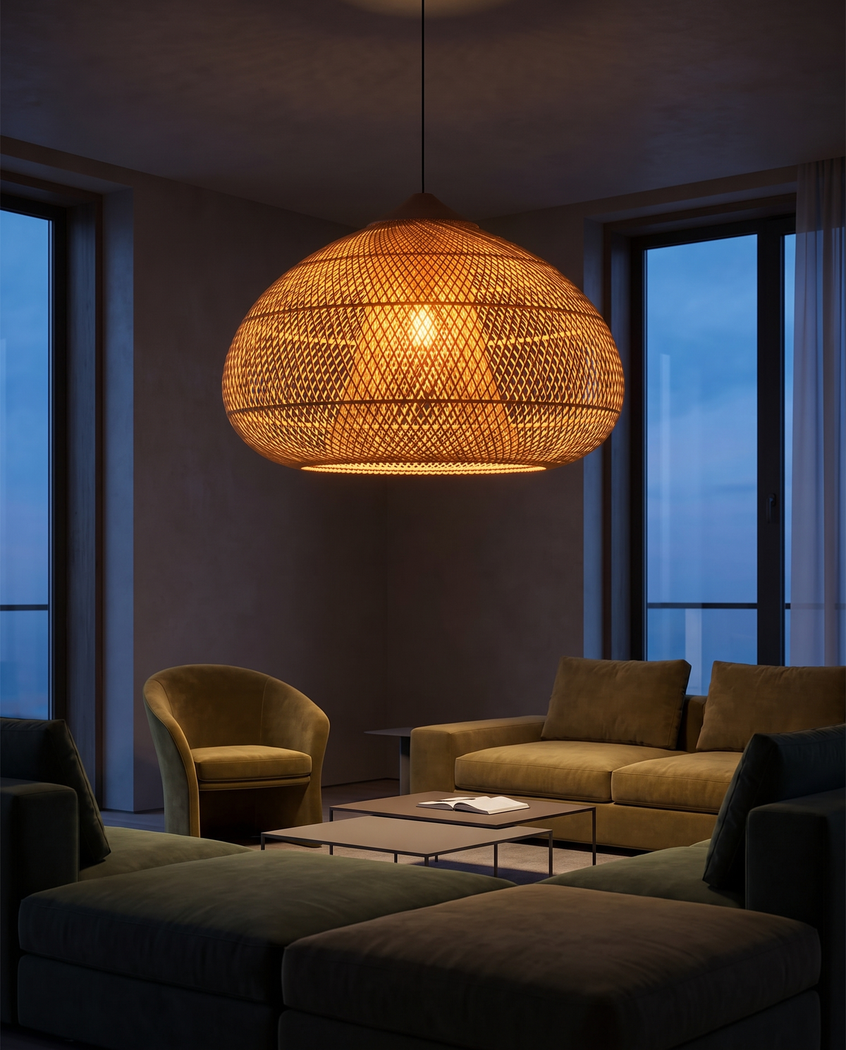 Artisan Rattan Pendant Light - moody living room dusk
