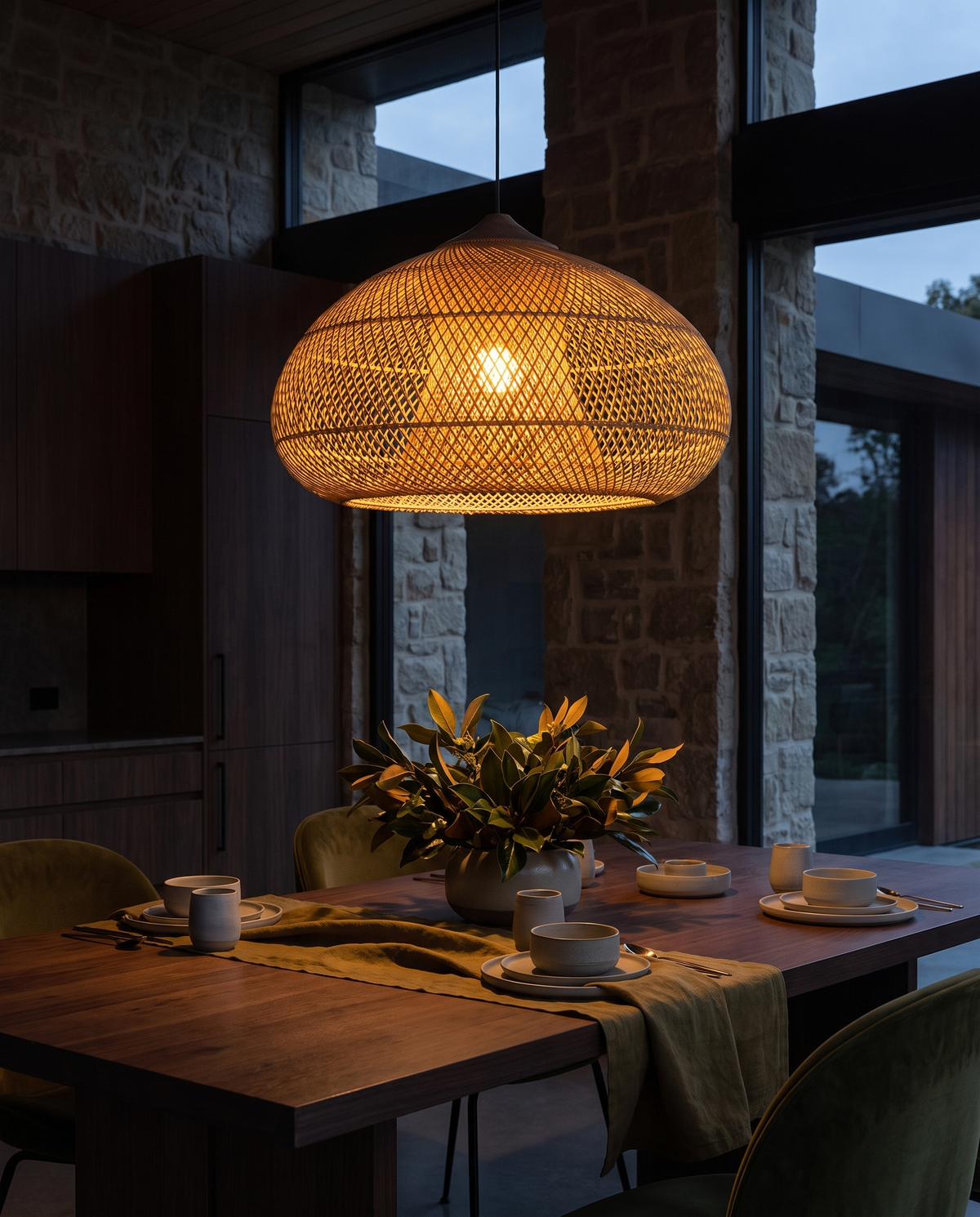 Artisan Rattan Pendant Light - moody dining dusk