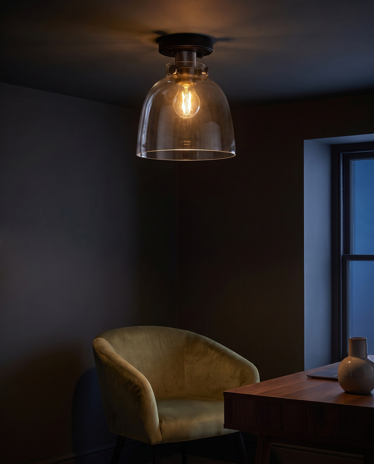 Urban Collection flush mount ceiling light - moody bedroom/office dusk