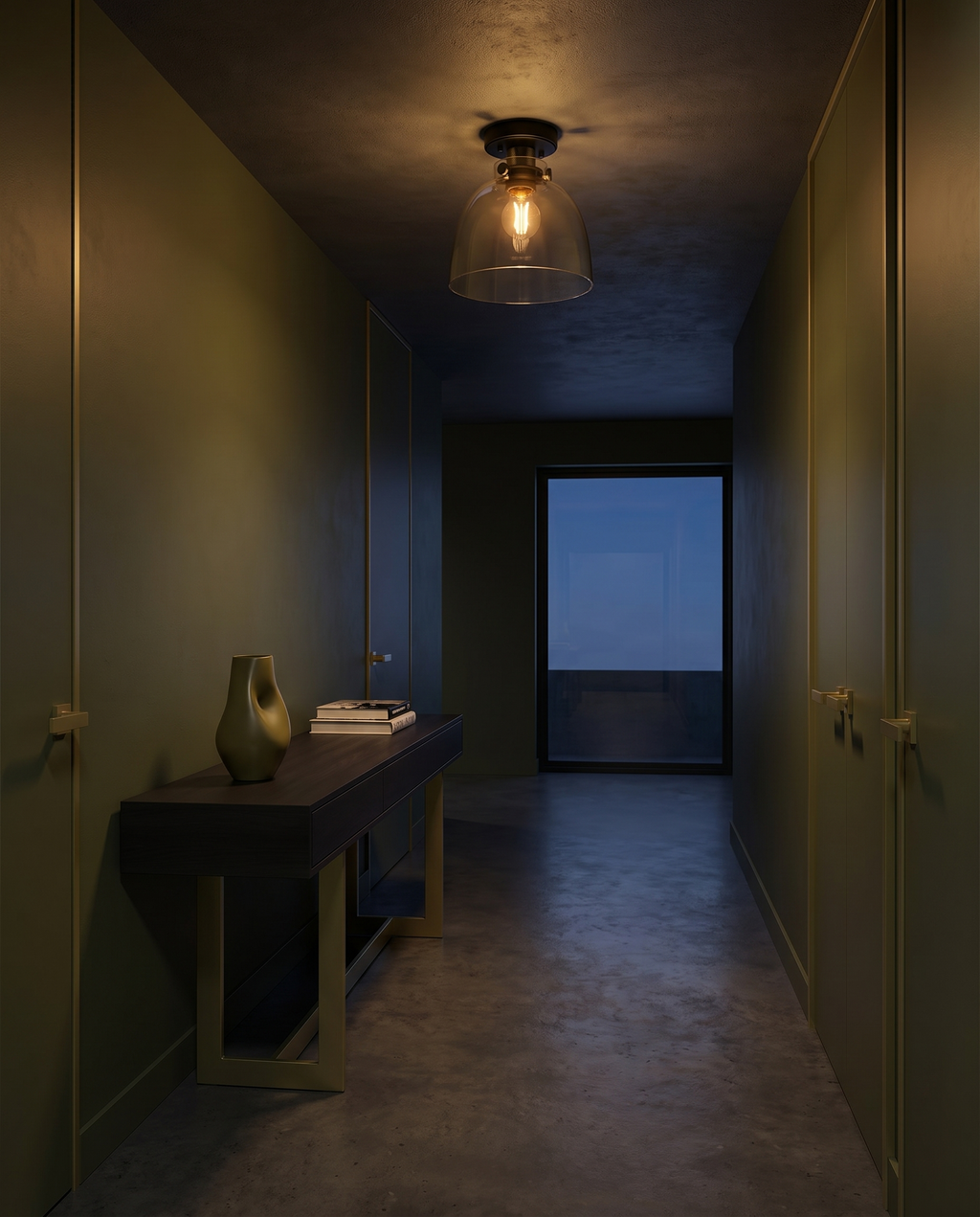 Urban Collection flush mount ceiling light - moody hallway/kitchen dusk