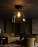 Urban Collection flush mount ceiling light - moody living room dusk