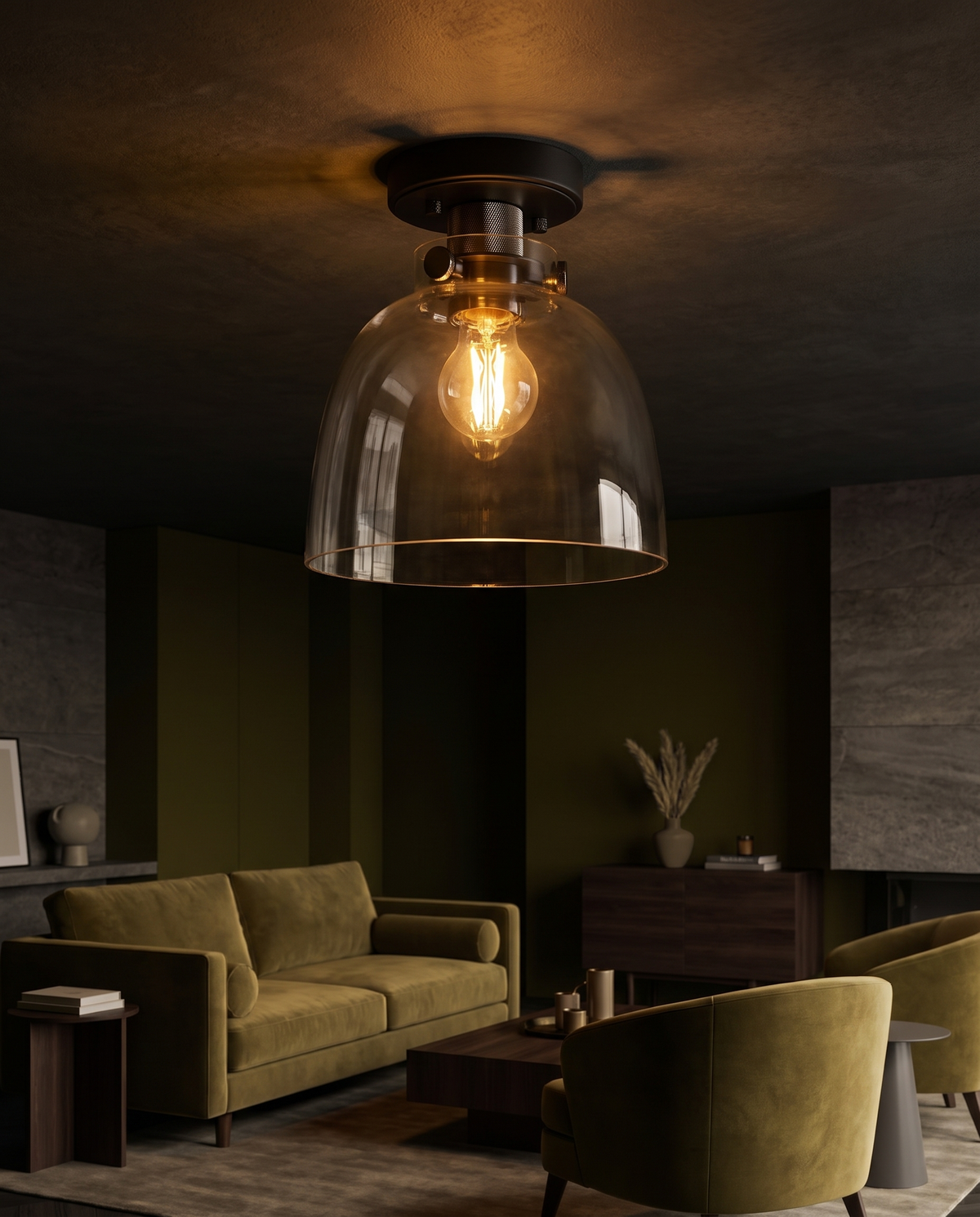 Urban Collection flush mount ceiling light - moody living room dusk
