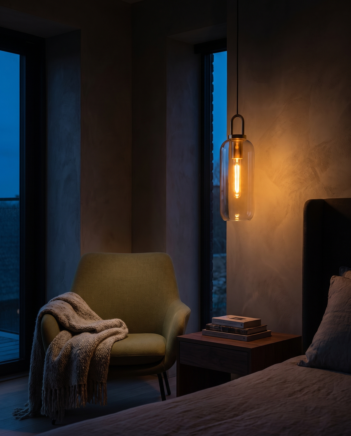 Elegant Glass Pendant Light - moody bedroom nook dusk