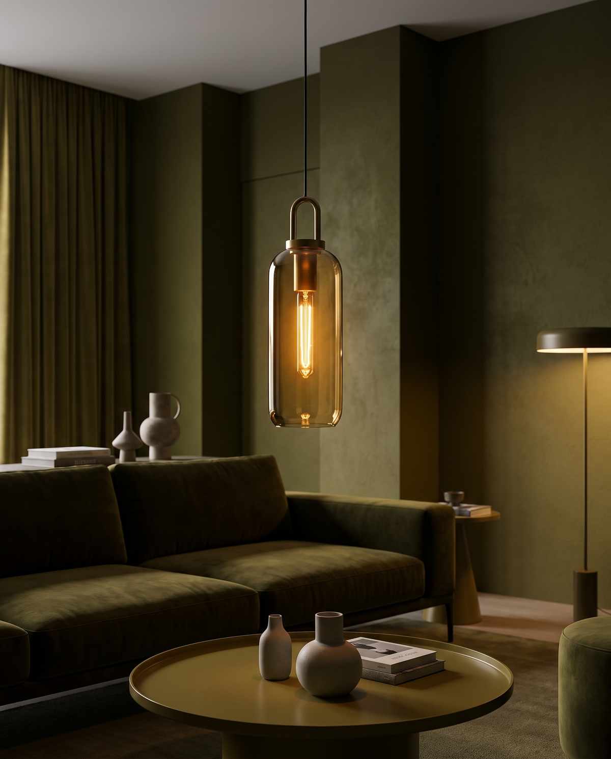 Elegant Glass Pendant Light - moody living/dining dusk
