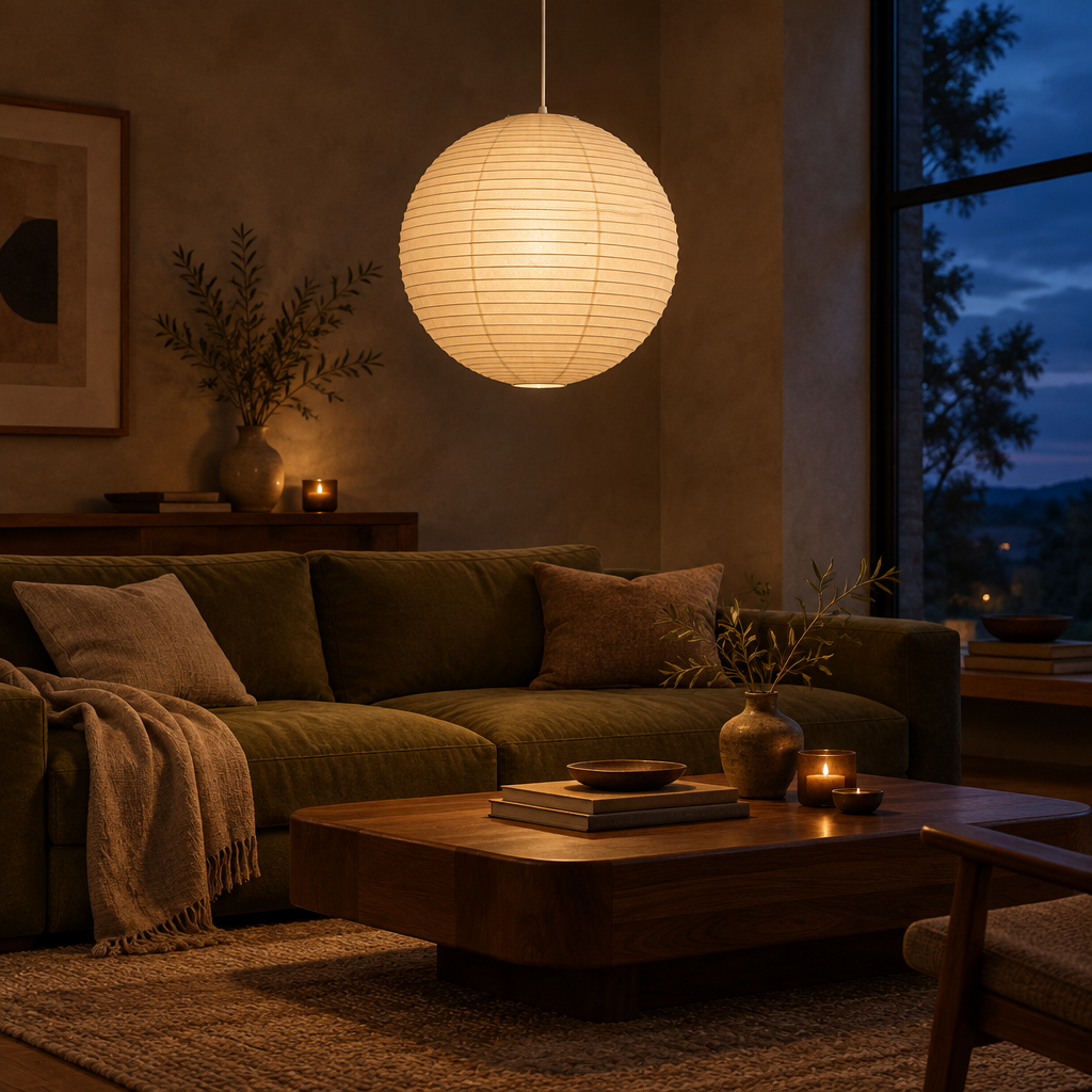 Akari A Series paper pendant lamp, moody living room at dusk
