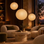 Akari A Series paper pendant lamps, moody hotel lounge at dusk