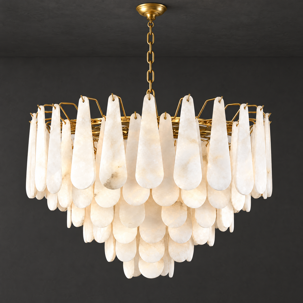 Alabaster Teardrop Chandelier on a dark charcoal grey studio ceiling backdrop