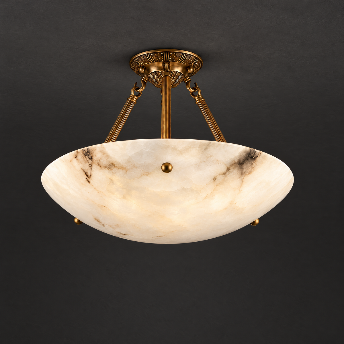 Alabaster Semi-Flush Light with Rose Brass Canopy on a dark charcoal grey studio ceiling backdrop