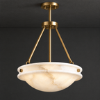 Carved Alabaster Semi-Flush Light with Antique Brass on a dark charcoal grey studio ceiling backdrop