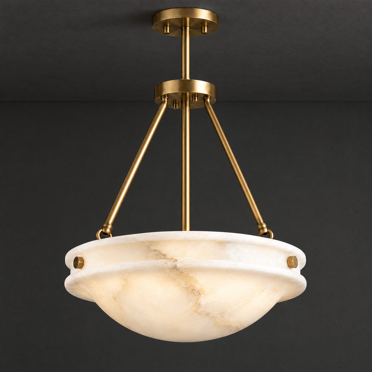 Carved Alabaster Semi-Flush Light with Antique Brass on a dark charcoal grey studio ceiling backdrop