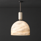 Alabaster Dome Pendant Light with Fabric Cord on a dark charcoal grey studio ceiling backdrop