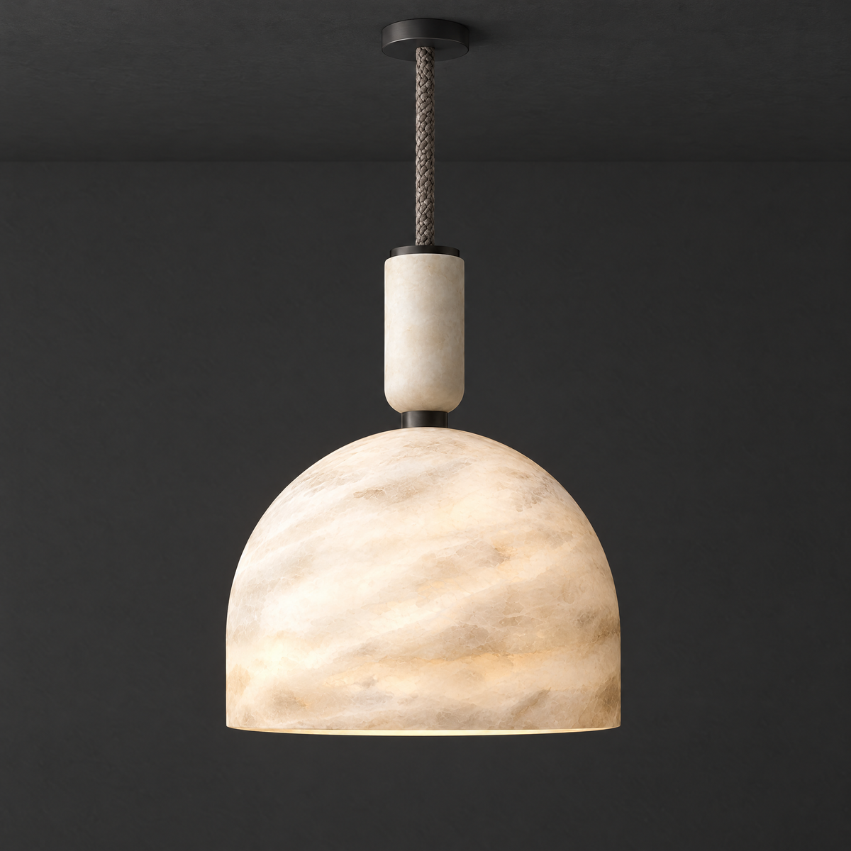 Alabaster Dome Pendant Light with Fabric Cord on a dark charcoal grey studio ceiling backdrop