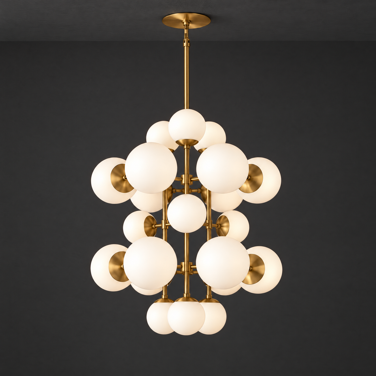 Cascading Globe Chandelier on a dark charcoal grey studio ceiling backdrop