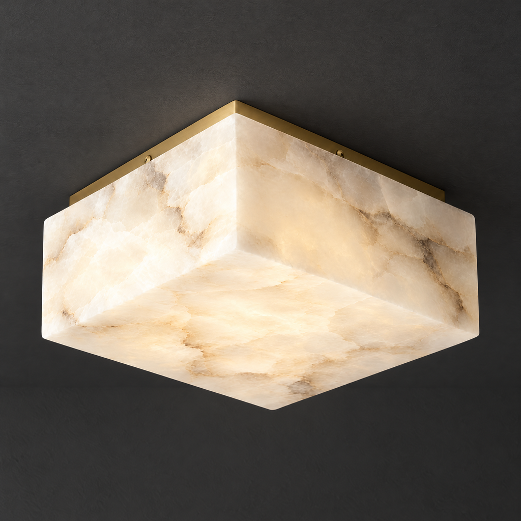 Square Alabaster Flush Mount Light on a dark charcoal grey studio ceiling backdrop