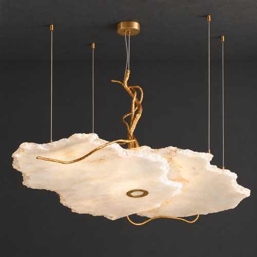 Alabaster Cloud Chandelier with Brass Branch on a dark charcoal grey studio ceiling backdrop