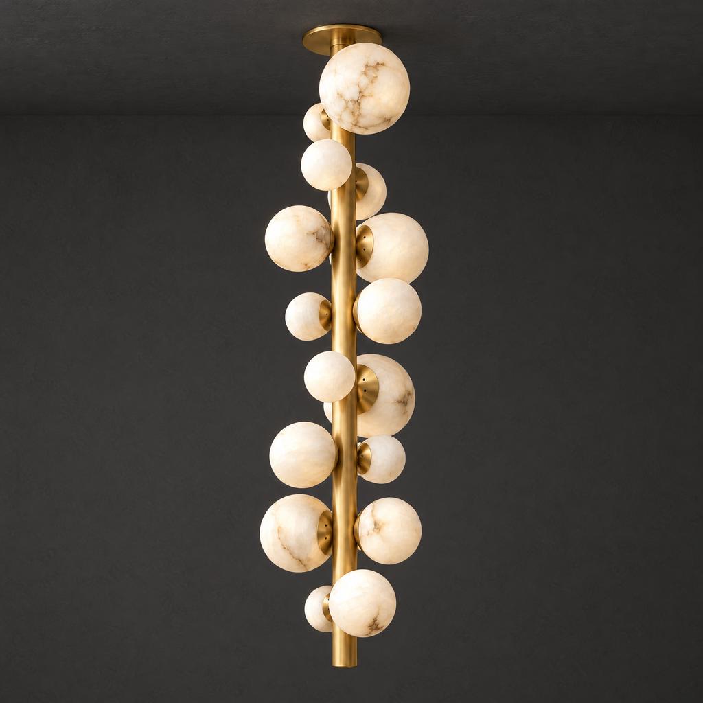 Alabaster Sphere Cluster Chandelier on a dark charcoal grey studio ceiling backdrop