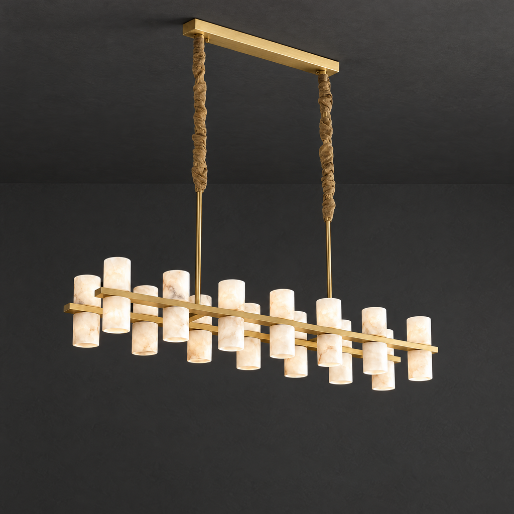 Linear Alabaster Cylinder Chandelier on a dark charcoal grey studio ceiling backdrop
