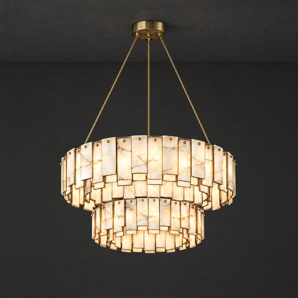 Double-Ring Alabaster Chandelier with Brass Frame on a dark charcoal grey studio ceiling backdrop