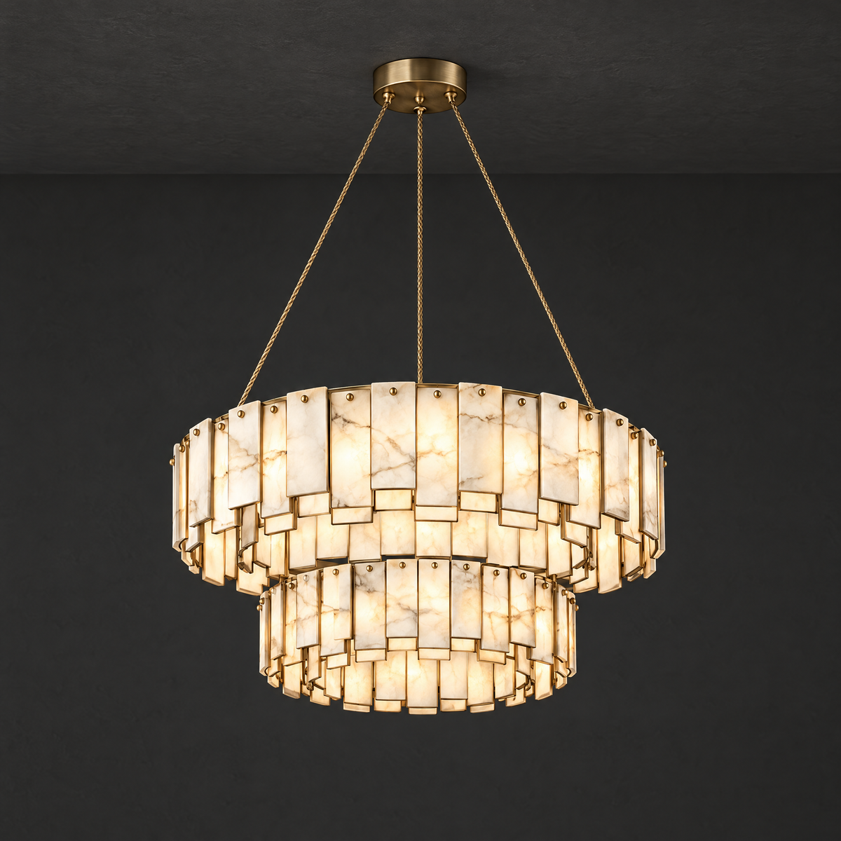 Double-Ring Alabaster Chandelier with Brass Frame on a dark charcoal grey studio ceiling backdrop