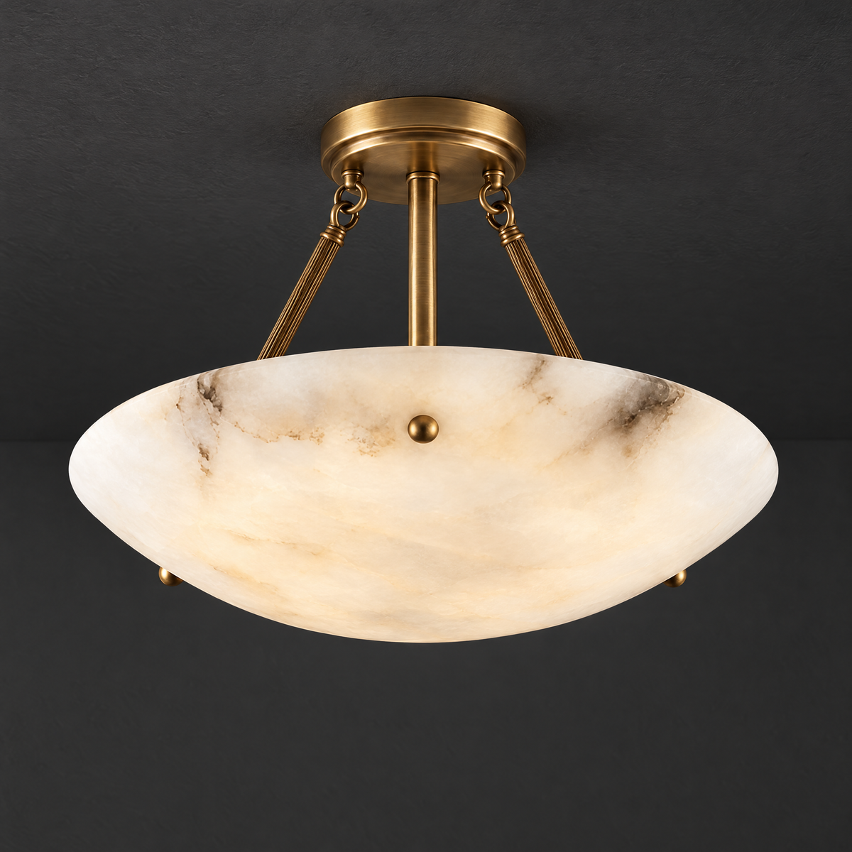 Solid Alabaster Semi-Flush Light with Brass Frame on a dark charcoal grey studio ceiling backdrop