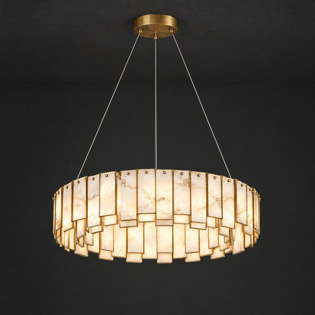 Alabaster Ring Chandelier on a dark charcoal grey studio ceiling backdrop