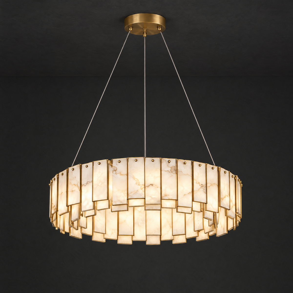 Alabaster Ring Chandelier on a dark charcoal grey studio ceiling backdrop