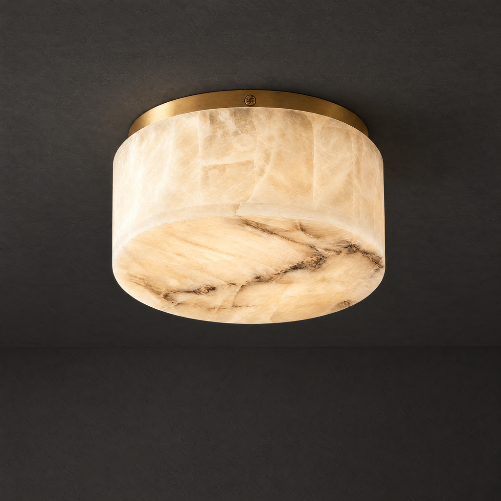 Round Alabaster Drum Flush Mount Light on a dark charcoal grey studio ceiling backdrop