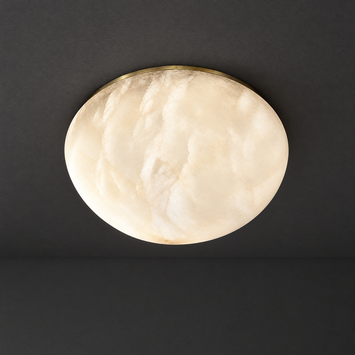 Alabaster Dome Flush Mount Light on a dark charcoal grey studio ceiling backdrop