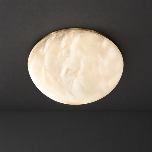 Alabaster Dome Flush Mount Light on a dark charcoal grey studio ceiling backdrop