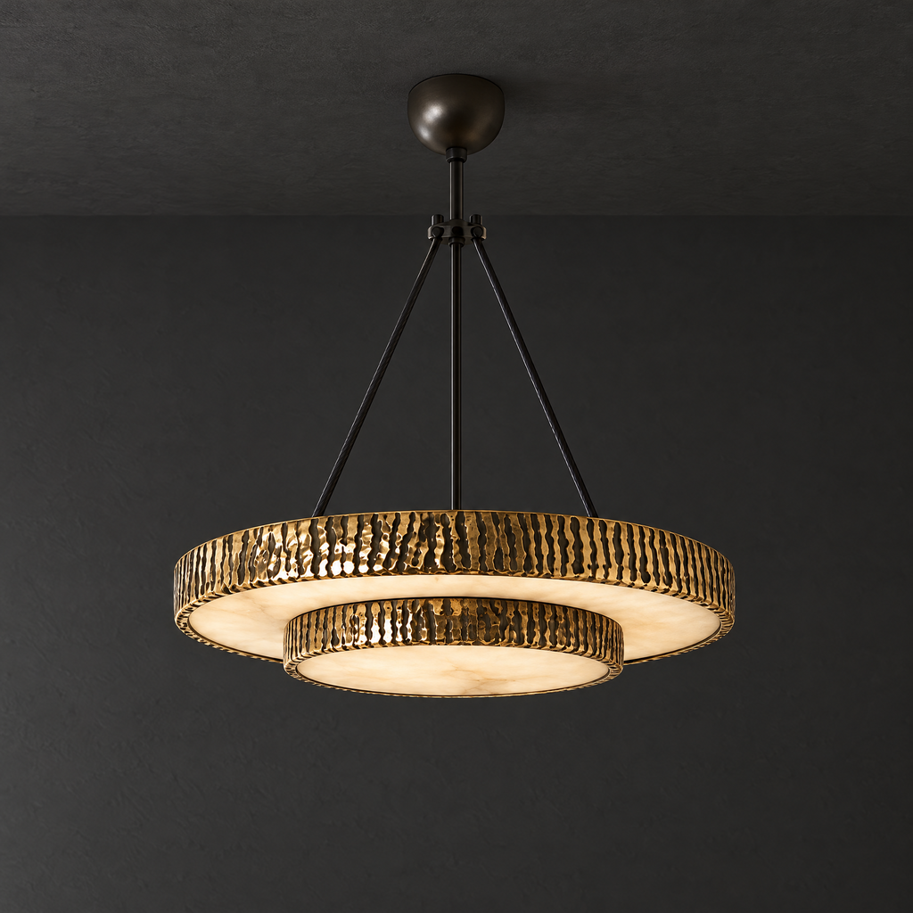 Hand-Worked Brass and Alabaster Chandelier on a dark charcoal grey studio ceiling backdrop