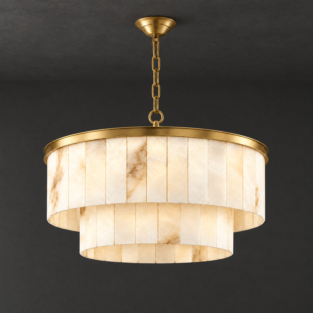 Tiered Alabaster Chandelier with Brass Frame on a dark charcoal grey studio ceiling backdrop