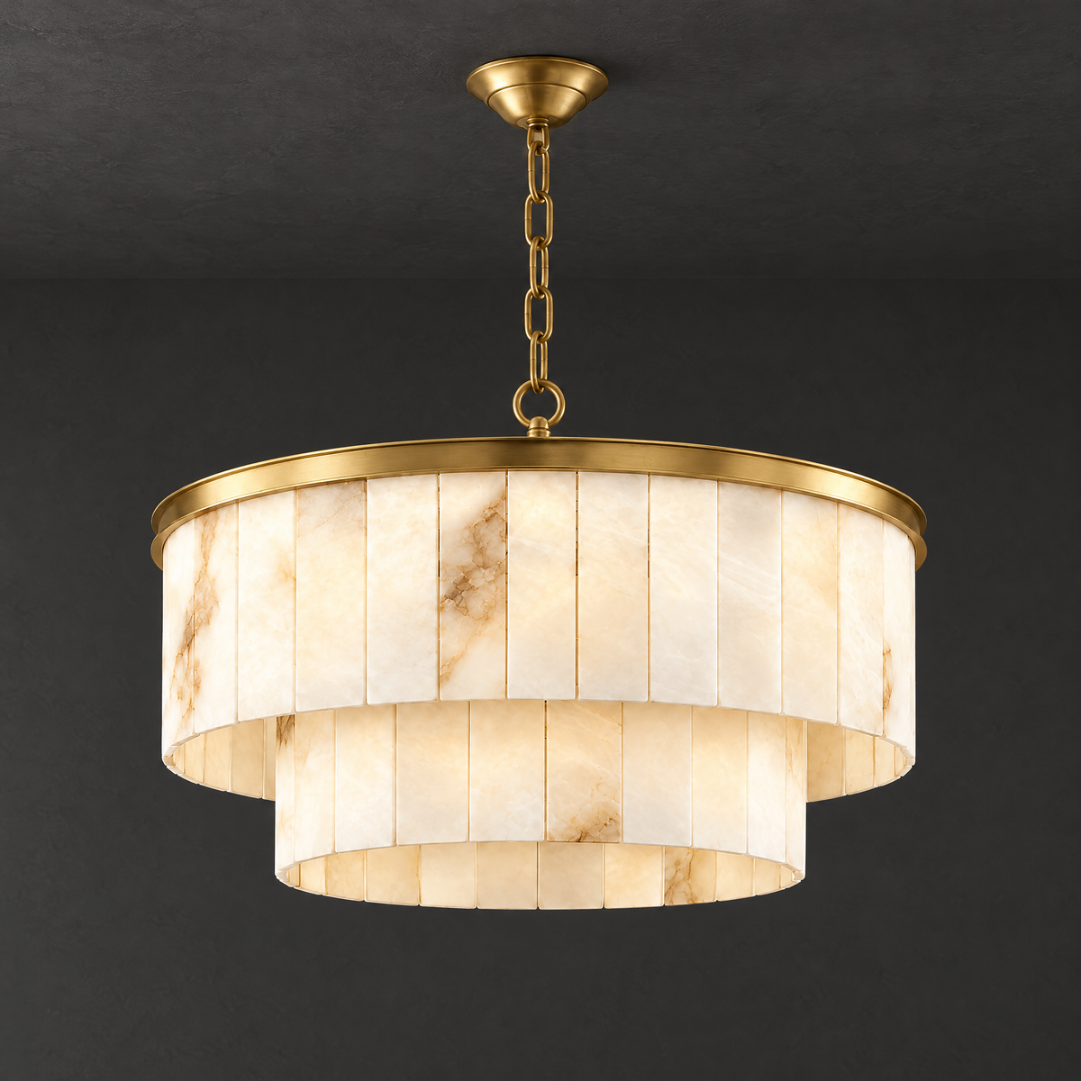 Tiered Alabaster Chandelier with Brass Frame on a dark charcoal grey studio ceiling backdrop