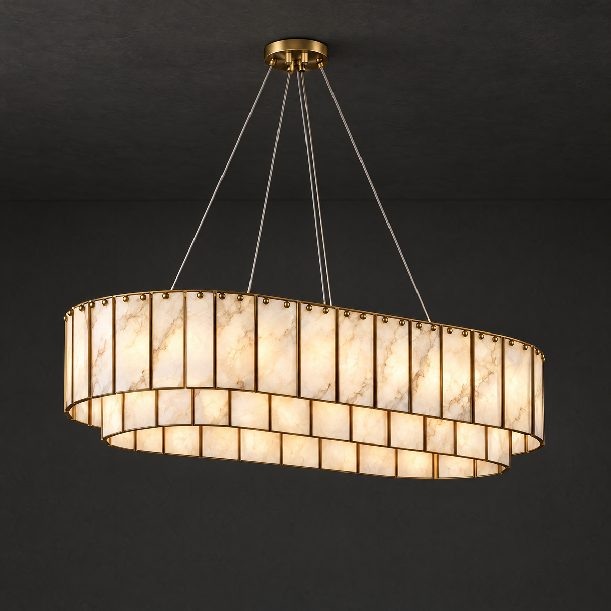 Oval Tiered Alabaster Chandelier on a dark charcoal grey studio ceiling backdrop