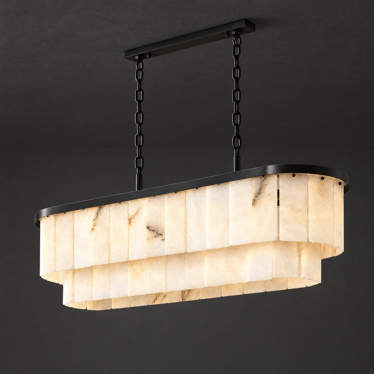Two-Tier Linear Alabaster Chandelier in Black on a dark charcoal grey studio ceiling backdrop