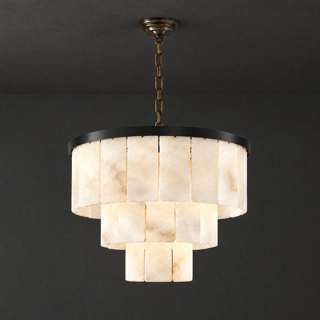 Tiered Alabaster Chandelier with Black Steel Frame on a dark charcoal grey studio ceiling backdrop