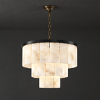 Tiered Alabaster Chandelier with Black Steel Frame on a dark charcoal grey studio ceiling backdrop
