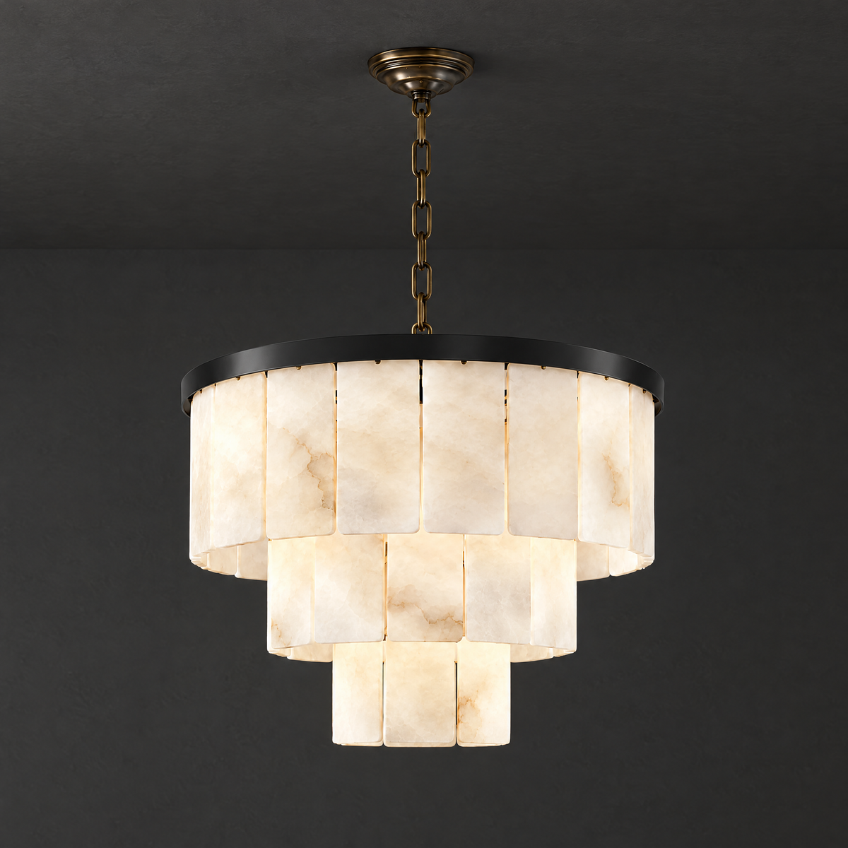 Tiered Alabaster Chandelier with Black Steel Frame on a dark charcoal grey studio ceiling backdrop