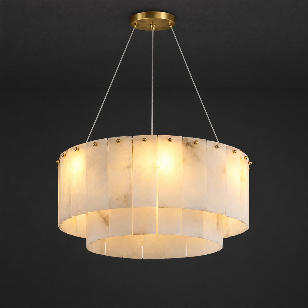 Two-Tier Alabaster Drum Chandelier on a dark charcoal grey studio ceiling backdrop