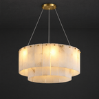 Two-Tier Alabaster Drum Chandelier on a dark charcoal grey studio ceiling backdrop